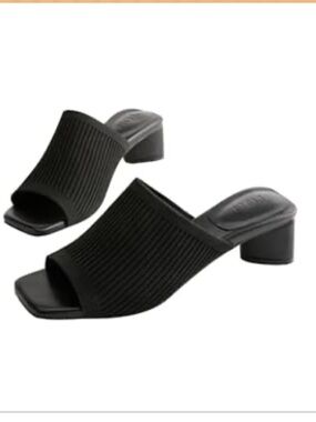 TIJN Open Toe Heeled Mules Block Heel Black Vegan size 7